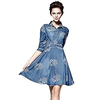 Women Summer Half Sleeve Maxi Denim Dress Plus Embroidery Classic Dresses