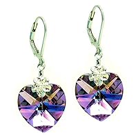 Austrian Crystal Purple Heart Crystal Sterling Silver Leverback Dangle Earrings