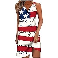 Women Sleeveless Henley Shirt Dresses 4th of July American Flag Print Patriotic Mini Dress 2024 Casual Beach Dress
