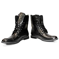 PeppeShoes Modello Kamon - Handmade Italian Mens Color Black High Boots - Cowhide Smooth Leather - Lace-Up