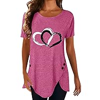 GRASWE Women's Short Sleeve T Shirt Heart Print Crewneck Tee Asymmetric Hem Loose Tunic Tops