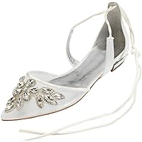 Womens Guest Wedding Shoes Comfort Flats Bridesmaid Shoes Ankle Strap Bridal Wedding Pointed Toe Mesh Lace Up Rhinestones Flat Sandals Ivory US 8