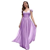 Cap Sleeve Bridesmaid Dresses for Women Long V Neck Ruffled Split Glittery Long Formal Evening Dress with Pocket