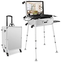 Aluminum Trolley Makeup Train Case with LED Light Professional Cosmetic 21'' Make up Organizer Studio with Speaker Stand Rolling Lighted Makeup Vanity Station 3 Shades Light (Silver)