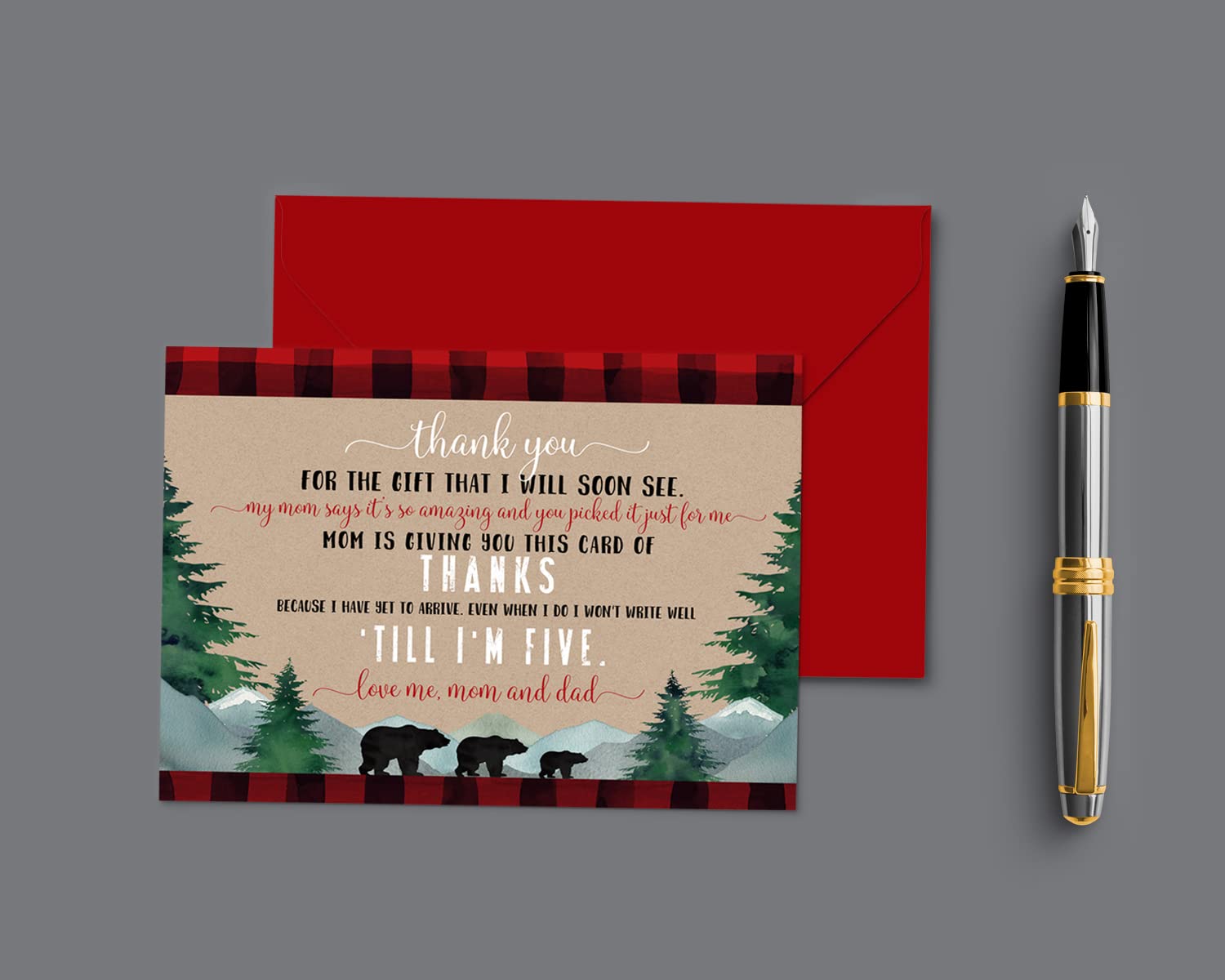 Lumberjack Baby Shower Thank You Cards (15 Pack) Prefilled Note from Boy – Individual Notecards with Envelopes – Say Thanks for Babies Registry Gifts – Red and Black Theme Bear – 4x6 Blank Set