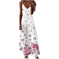 Women's Bohemian V-Neck Glamorous Dress Swing Casual Loose-Fitting Summer Sleeveless Long Floor Maxi Flowy Beach Print Hot Pink
