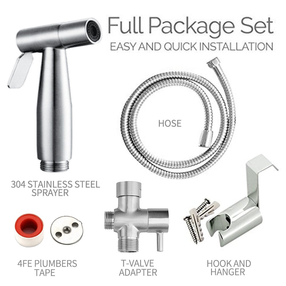 Stainless Steel Baby Cloth Diaper Sprayer Kit Handheld Bidet Set with Hose, Nozzle, T-Valve and Tank Mount Hook for Toilet Shower Cleaner and Washer Rinse