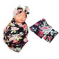 Galabloomer Receiving Blanket Headband Set Flower Print Baby Swaddle Receiving Blankets… (Navy Blue Rose)