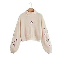 Sweaters for Women Mushroom Embroidery High Neck Sweater Sweaters for Women (Color : Apricot, Size : Medium)