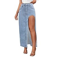 Pants for Women Long Length Slit Spring and Summer Washed Solid Color Mid Length Skirt Denim Skirt Denim Waist