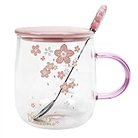 Novelty Pink Sakura High Boron Glass Cup with Ceramic Lid Stainless Steel Spoon Drinking Cup 500ml/17oz Clear Measuring Scale Coffee Mug with Handle Cute Cherry Blossom Water Cups for Milk Juice Tea