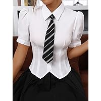 Women's Shirts Sexy for Women Puff Sleeve Button Front Shirt & Necktie Shirts for Women (Color : White, Size : Medium)