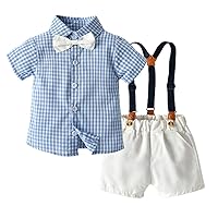 Summer Boys' Suits,Children's Cotton Clothes,Children's Short-Sleeved Plaid Shirts and Suspenders Shorts Two Pieces.