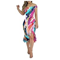 Irregular Hem Dress Women's Fashion One Shoulder Loose Backless Printing Tight Outdoor Midi A-Line 2024 Dress