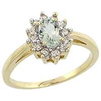 14K White Gold Natural Green Amethyst Flower Diamond Halo Ring Oval 6X4mm, sizes 5-10