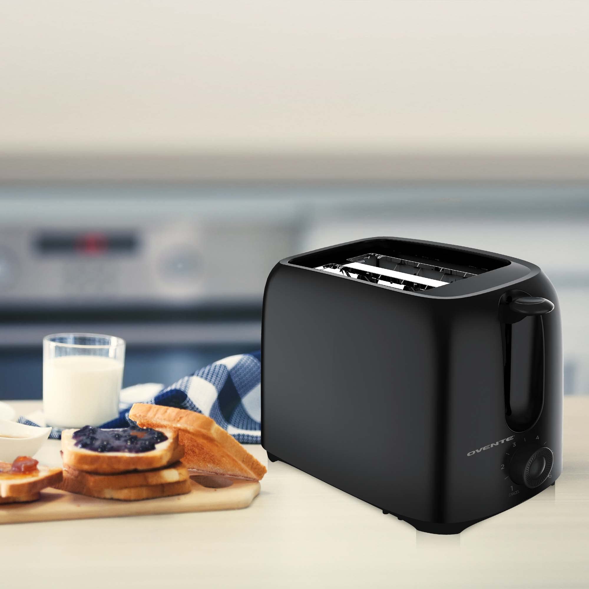 OVENTE Electric 2 Slice Toaster Machine with 6-Shade Toast Settings, 700W Power, Removable Crumb Tray and Compact Design Perfect for Toasting Bread, Bagels, Waffles and Puff Pastry, Black TP2210B