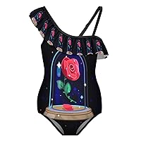 Beauty and Beast Girls' One Piece Swimsuit 3D Printed Ruffle Swimwear Floral Bathing Suit