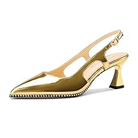 Womens Kitten Heel Pointed Toe Pumps Sliver Beaded Slingback Slip-on Buckle Prom Dress Basic Classic Patent Leather Summer 2.6 Inches Heels