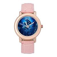 Dolphins in The Ocean Women's Watches Classic Quartz Watch with Leather Strap Easy to Read Wrist Watch