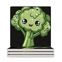 Cute Broccoli Printed Coaster for Drinks Absorbent Square Ceramic Coasters for Office Kitchen Decoartion