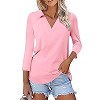 Womens Oversized Casual Loose Shirts Classy 3/4 Sleeve Relaxed Fit V Neck T-Shirt Solid Color Basic Soft Polo Shirt