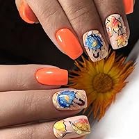 24Pcs Fall Medium Press on Nails Coffin Fake Nails Maple Leaf Full Cover False Nails with Autumn Leaves Designs Acrylic Nails Glossy Stick on Nails Reusable Artificial Nails Thanksgiving for Women