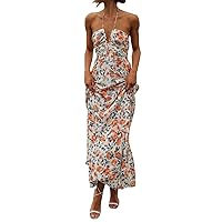 Women's Summer Maxi Dress Casual V-Neck Sleeveless Bohemian Spaghetti Strap Floral Long Maxi Dress with Pockets