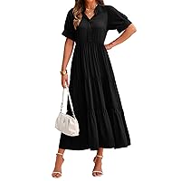 dowerme Women's Summer Dresses 2024 Casual Short Sleeve Button Loose Fit Pleated Boho Flowy Swing Long Beach Sun Dress