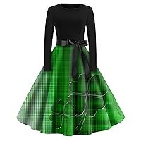 Women's St Patricks Day Dress Crew Neck Casual Vintage Dresses Classic Fancy Bow Tie Dress Swing Knee-Length Dresses