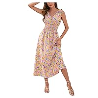 Women's Summer Dresses 2023 V-Neck Floral Print Waistband Halter Short-Sleeved Vacation Casual Dress Dresses