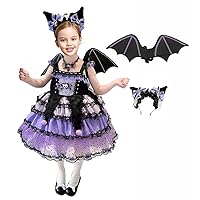 Girls Kuromi Lolita Purple Dress Costume Princess Dress up Outfit Halloween Cosplay with Headband Wing for Kids