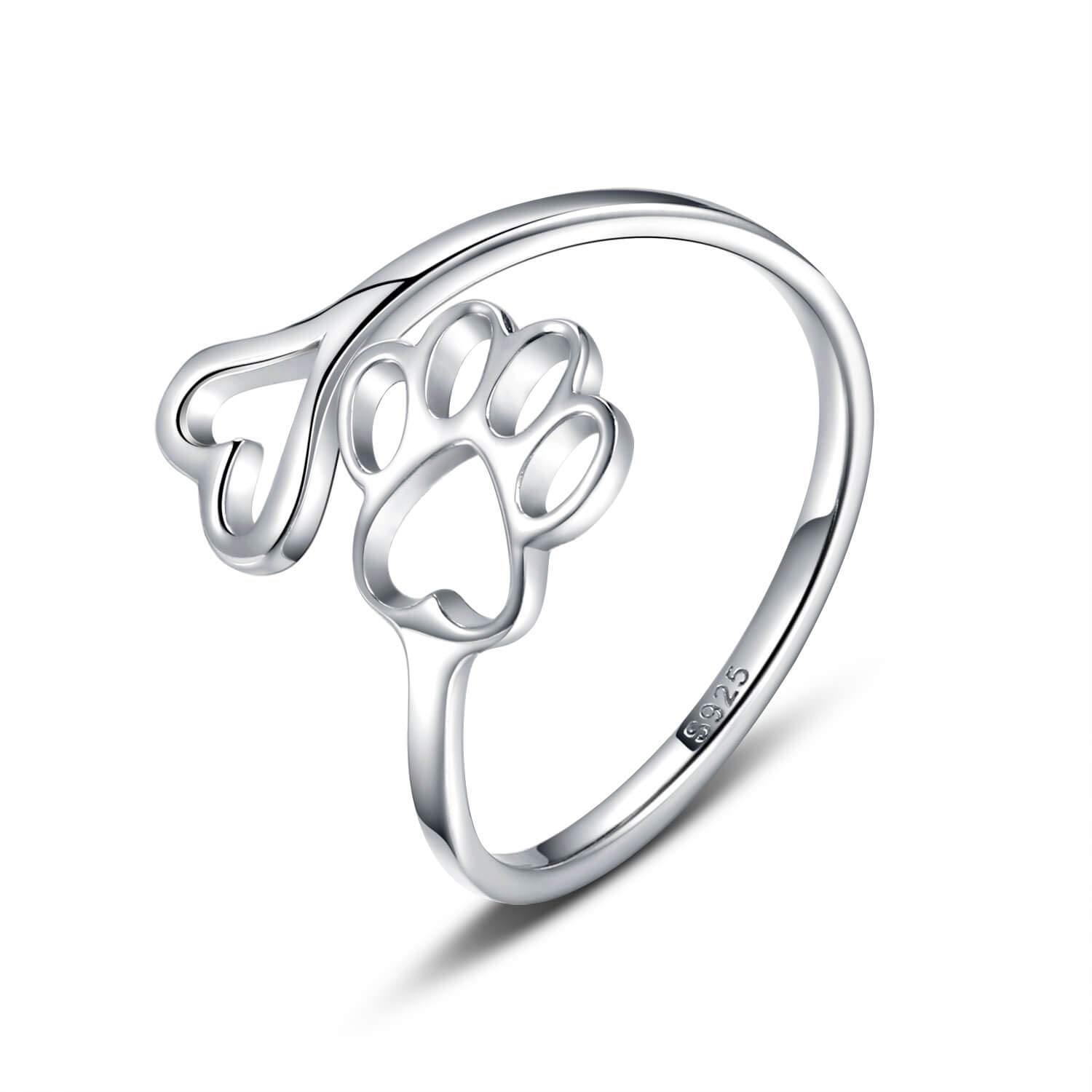 Puppy Pet Lovers Paw Print Ring Heart 925 Sterling Silver Adjustable Ring Pet Animal Jewelry Creative Pierced Love Dog Cat Claw Ring Pet Loving Friend Families Gifts