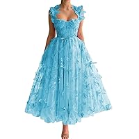 Women's Tulle Prom Dresses 3D Butterflies Spaghetti Straps Formal Evening Gowns Sweetheart Tea Length Party Dress