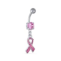 Bling Jewelry Crystal Pink Ribbon Breast Cancer Survivor Bead Dangle Bar And Ball Style Navel Belly Ring Surgical Steel 14G For Women