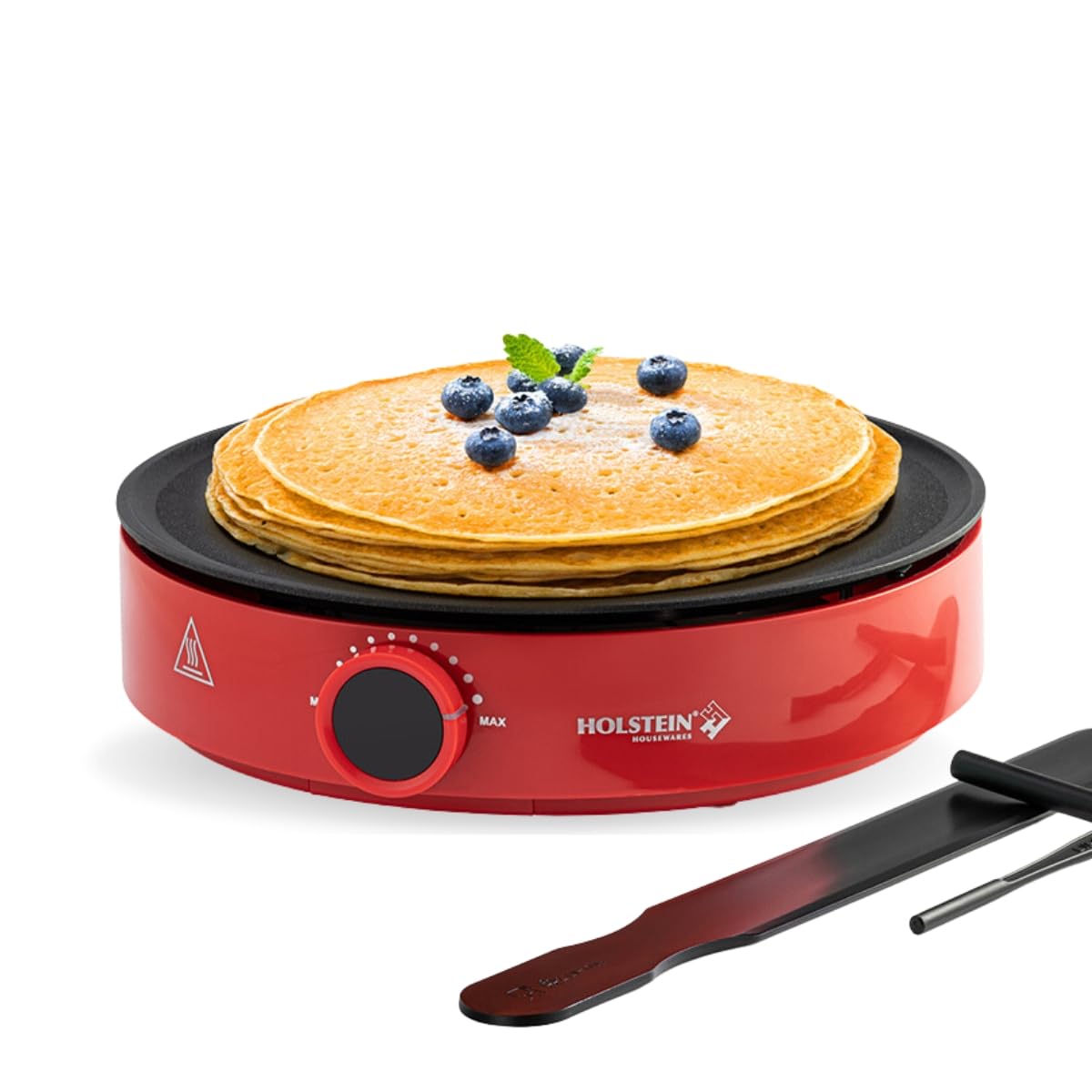 Holstein Housewares 12” Crepe Maker - Adjustable Temperature Control - Nonstick Griddle for Versatile Cooking of Crepes, Blintzes, Pancakes, Eggs, Bacon & More - Easy to Clean - Indicator Lights