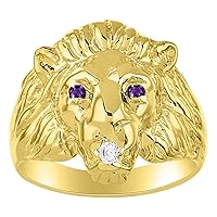 Rylos Mens Rings 14K Yellow Gold Lion Head Ring Genuine Diamond in Mouth & Color Stone Birthstones in Eyes Fun Designer Rings For Men Men's Rings Gold Rings Sizes 6,7,8,9,10,11,12,13 Mens Jewelry