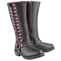 Milwaukee Leather MBL9367 Women's Black 14-inch Leather Harness Motorcycle Boots with Fuchsia Accent Lacing - 5.5