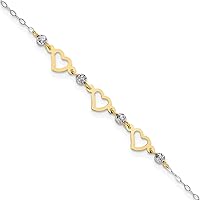 Core Gold 14K Two-tone Oval Link Diamond-cut Beads and Heart 9in Plus 1in Ext Anklet 9 Inches