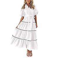 Womens Summer Dresses Fashionable Solid Color Striped Bubble Sleeve Vacation Flowy Beach Midi Dress