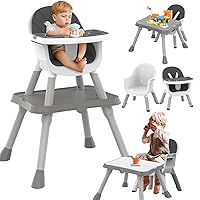 Baby High Chair, 8 and 1 Portable High Chair with 2 Dinner Plates, Baby Feeding Chair with Toddler Table, Toddler Chair with Building Blocks, Convertible Highchair with PU for 6-36 Babies (Gray)