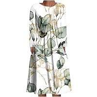 Women's Spring Summer Long Sleeve Ruched Floral Midi Party Dress with Pockets Casual Boho Beach A Line Flowy Dresses