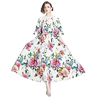 Summer Vintage Print Beading Stand O Neck Belt Half Sleeve Women Ladies Casual Party Vacation Midi Long Pleated Dresses