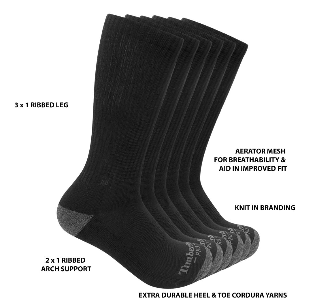 Timberland PRO mens Timberland Pro Men's Performance Crew Length 1/2 Cushion 6-pack Casual Socks, Black, Medium US