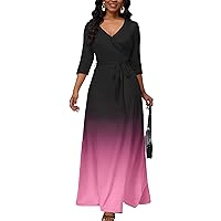 AOMONI Maxi Dress for Women Gradient Casual Long Sundress V Neck 3/4 Sleeves with Belt
