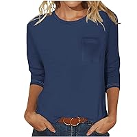 Womens Tops Casual 3/4 Sleeve T-Shirts Round Neck Cute Tunic Tops Blouses Solid Three Quarter Length T Shirt with Pocket