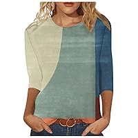 Womens T Shirts 2024 Trendy Geometric Color Patchwork Printed 3/4 Sleeves Blouse Round Neck Loose Casual Tops