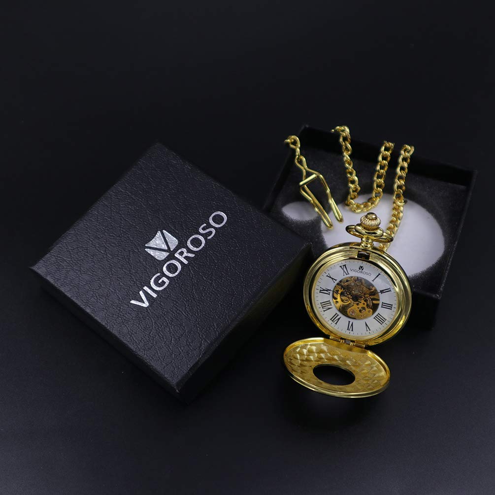 VIGOROSO Mens Mechanical Pocket Watch with Chain Half Hunter Double Cover Skeleton Gold in Box+Ladies Fashion Watch Square Gold Bracelet Stainless Steel Waterproof Analog Quartz Wrist Watch for Womens