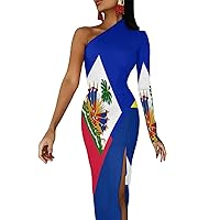 Haiti Curacao Flag Half Sleeve Split Dress for Women Long Maxi Dress Bodycon Evening Party Dresses
