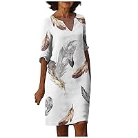 Casual Outdoor Winter Tunic Dress Womans Short Sleeve Shift Breathable Deep V Neck Dress for Women Print White M