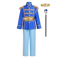 IBAKOM Prince Charming Costume for Boys Halloween Christmas Cosplay Outfits Boy Kids Medieval Royal Knight Dress Up with King Crown Royal Blue Robe Power Wand Hero Costume Royal Blue (5PCS 5-7 Years